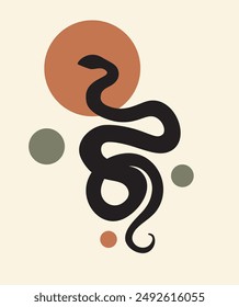 Stylized black silhouette of the snake and circles. Abstract vector illustration of serpent silhouette and circles. Boho minimal poster with snake.