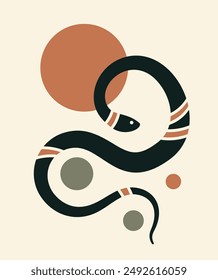 Stylized black silhouette of the snake and circles. Abstract vector illustration of serpent silhouette and circles. Boho minimal poster with snake.