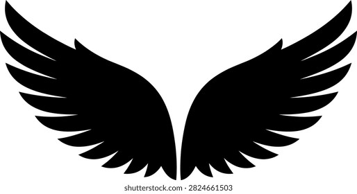 Stylized black silhouette of spread avian wings isolated on white background with silhouette isolated wildlife wingspan