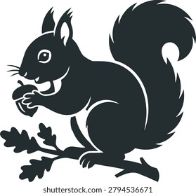 A stylized black silhouette of a squirrel perched on a branch, holding an acorn in its paws. The squirrel has a bushy tail and alert ears.
