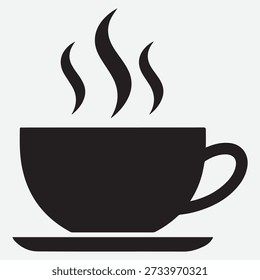 Stylized black silhouette of a steaming coffee cup with elegant steam curves emanating from the hot drink on transparent 
Black silhouette of a steaming coffee cup with three wisps 