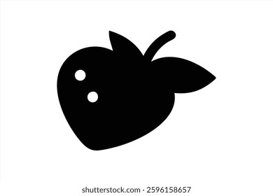 Stylized black silhouette of a strawberry featuring two circular highlights. The design emphasizes simplicity and modern aesthetic, suitable for various graphic applications.