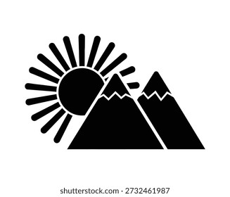 Stylized black silhouette of the sun shining brightly behind two majestic mountain peaks representing a beautiful day