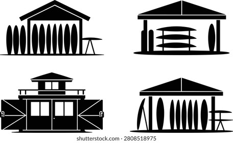 Stylized black silhouette surfboard huts and sheds showcasing coastal storage structures, ideal for surfing culture, seaside lifestyle, and beach architecture design projects