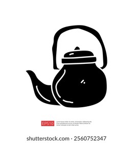 A stylized black silhouette of a teapot with a curved spout and handle, representing a classic kitchen utensil used for brewing tea.