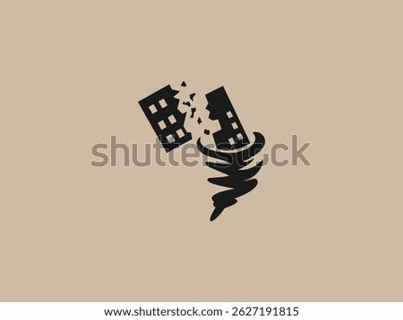 a stylized black silhouette of a tornado lifting and breaking apart a building
