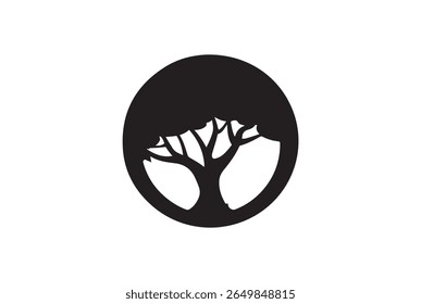 A stylized black silhouette of a tree with branches is contained within a black circle. This graphic design is isolated on a clean white background, making it ideal for logos and branding.