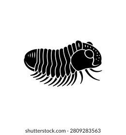 A stylized black silhouette of a trilobite, an extinct marine arthropod, on a white background.