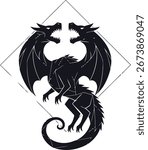 A stylized black silhouette of a two-headed dragon with geometric lines, framed within a minimalist diamond shape, depicting a mythical creature.