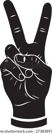 Stylized black silhouette vector graphic illustrating a hand making the universally recognized peace or victory hand gesture sign