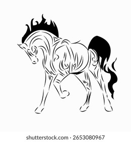 Um vetor de silhueta preto estilizado de um cavalo em estilo tribal ou de tatuagem, com linhas dinâmicas, curvas e crina e cauda fluindo. O cavalo é colocado em uma postura orgulhosa, elegante, tornando-se sui