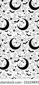 Stylized black silhouettes of flying bats, stars and moons on white background	