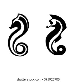 stylized black silhouettes of sea horses on a white background