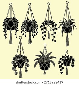 Siluetas negras estilizadas de seis perchas de macramé únicas, que muestran varias plantas en maceta con hojas en cascada, intrincados nudos y borlas decorativas