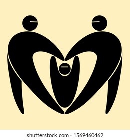 Stylized black silhouettes of three people, a man, a woman and a child the contours of the parents form a heart. The concept of family, love, happiness. Icon, symbol, pictogram, symbol, emblem.