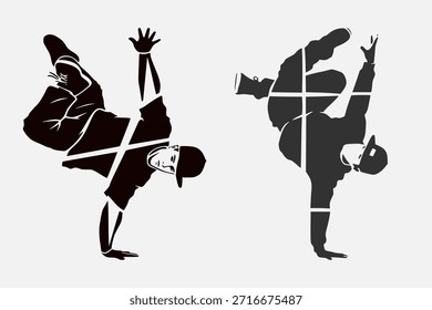 Estilizadas siluetas negras de dos bailarines de breakdance en poses enérgicas, una con líneas diagonales y la otra con un patrón de cuadrícula, que representa la danza callejera y el arte urbano.