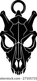 A stylized black skull pendant with sharp geometric facets and a top ring is depicted on a white background.