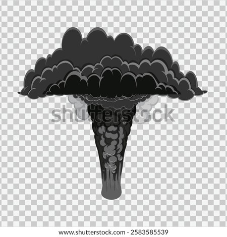 Stylized black smoke explosion with a mushroom cloud effect on a transparent background, offering a dramatic and intense look. Perfect for game assets, animations, or graphic design projects.