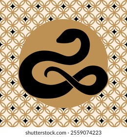 Stylized black snake forms an infinity symbol. Golden circle frame on geometric pattern in gold and beige. Elegant design for Chinese New Year 2025. Vector illustration