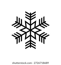 Icono de copo de nieve negro estilizado sobre fondo blanco que representa el invierno y el frío