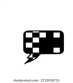 A stylized black speech bubble icon with a fragmented checkerboard pattern of white and black squares, set against a clean white background, symbolizing digital communication or a message.