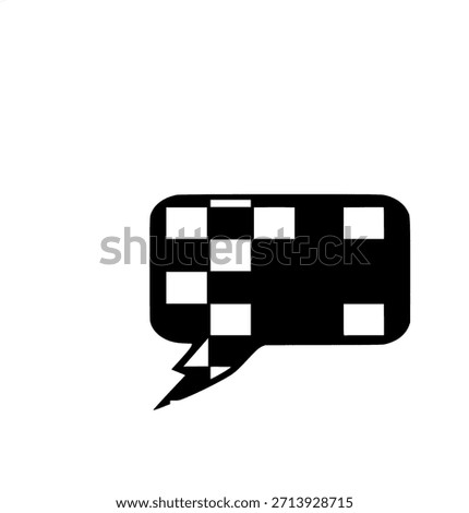 A stylized black speech bubble icon with a fragmented checkerboard pattern of white and black squares, set against a clean white background, symbolizing digital communication or a message.
