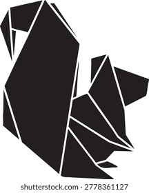 Stylized black squirrel illustration rendered with sharp geometric angles and polygonal facets, creating a modern, abstract animal design. Ideal for various creative projects.