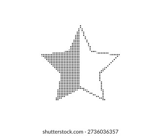 Icono de estrella negra estilizada compuesta de puntos Pequeños sobre un fondo blanco puro, creando un contraste visualmente atractivo