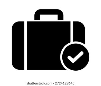Stylized black suitcase icon with a checkmark, symbolizing travel readiness and approval.