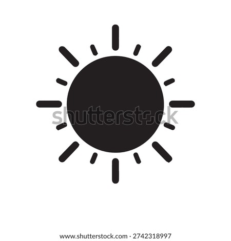 Stylized black sun icon with radiating rays, symbolizing daylight, warmth, and energy on white.