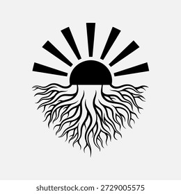 Stylized black sun rising over roots, symbolizing growth and new beginnings.