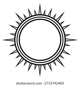 Stylized black sun symbol with sharp rays and concentric circles on white background