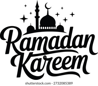 Estilizado texto negro "Ramadan Kareem" adornado con una silueta de mezquita detallada, media luna y múltiples estrellas brillantes.