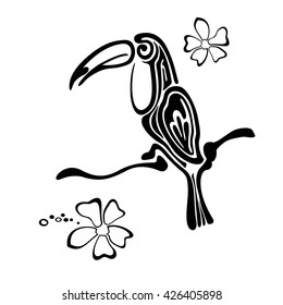 Stylized black toucan icon isolated on white background. Ornamental silhouette of a toucan and tropical flowers. Tropical bird tattoo. African, indian, totem design. Vector illustration of toucan