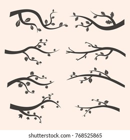 Stylized black tree branch silhouettes with leaves. Set of branch tree Vector Illustration EPS