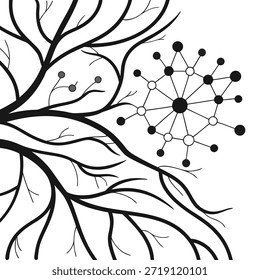 Estilizado galhos de árvore preta com um elemento de estrutura molecular geométrica Palavras-chave: abstract, tree, branches, molecular, structure, network, connection, science, biology, organic, geometric, black