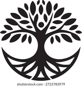 Árvore preta estilizada com raízes curvas e folhas espalhadas forma uma forma circular simbolizando harmonia e crescimento em uma ilustração simples, mas elegante.