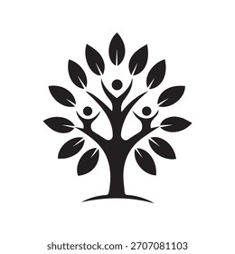 Stylized black tree with human figures as branches and leaves, symbolizing community, growth, and unity.