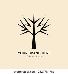 Stylized black tree logo with sharp, symmetrical branches extending outward.