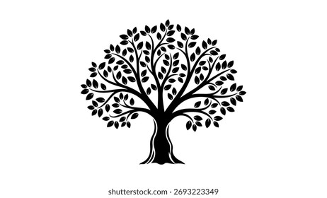 Stylized Black Tree Silhouette with Dense Leaves branches