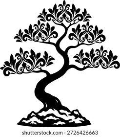 A stylized black tree silhouette on a white background