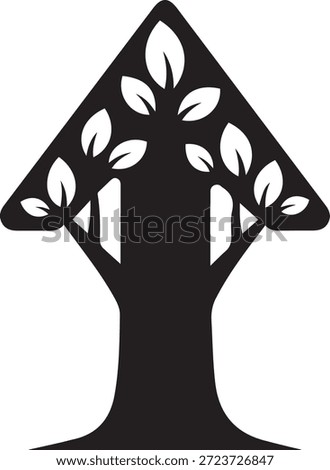 Stylized black tree silhouette with white leaves inside a triangular shape