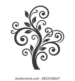 Stylized black tree with swirling branches and leaves on white background. Elegant floral ornament perfect for borders, tattoos, logos, and decorative design projects.
