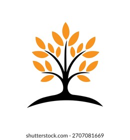 Árbol negro estilizado con hojas naranjas vibrantes, que simbolizan el crecimiento, la naturaleza y el otoño. Diseño de logotipo sencillo y moderno.