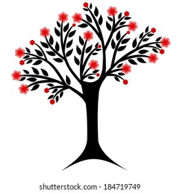 Stylized black tree with vibrant red blossoms and dark green leaves on a white background