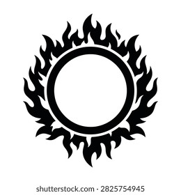 Stylized black tribal fire ring symbol isolated on white. Circular flame sun icon suitable for logos, tattoos, and emblems. High contrast graphic design element.