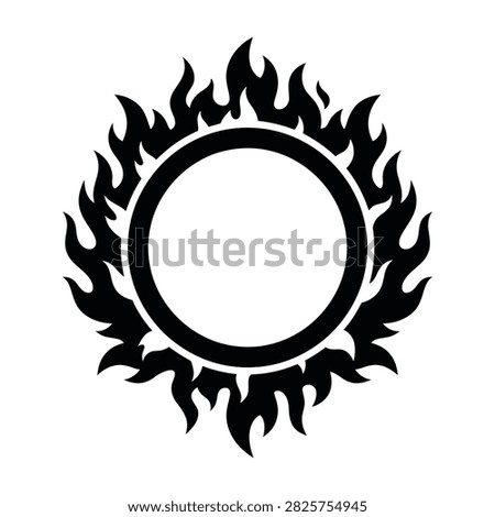 Stylized black tribal fire ring symbol isolated on white. Circular flame sun icon suitable for logos, tattoos, and emblems. High contrast graphic design element.