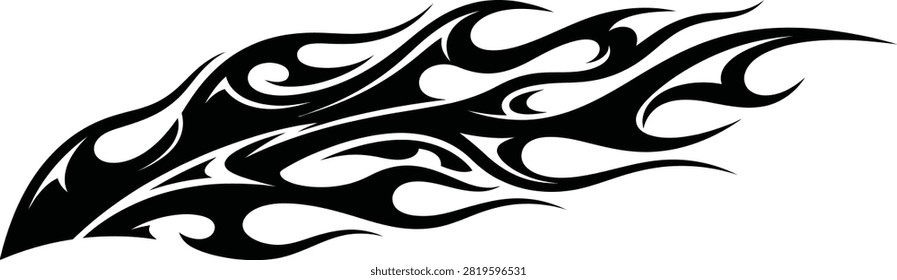 Stylized black tribal flame pattern with smooth flowing curves and sharp tips isolated on a white background for