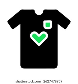 T-shirt preta estilizada com um coração verde vibrante e ilustração de bolso
