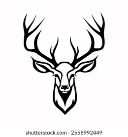 A stylized black vector of a deer head with large antlers, perfect for logos, tattoos, or graphic design.